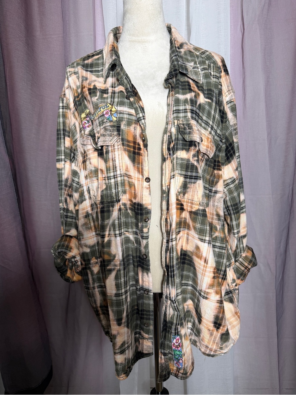 Up-cycled Plaid Flannel Shirt with Vintage Garden Graphic Patch Back - Picture 2 of 10
